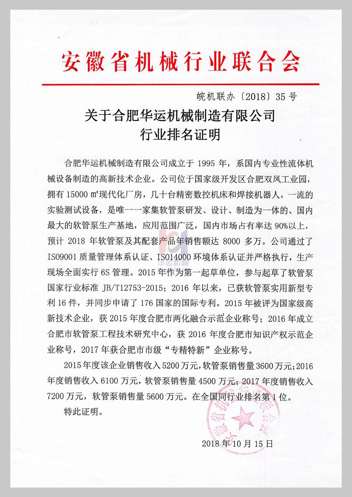 關(guān)于合肥華運機械制造有限公司行業(yè)排名證明